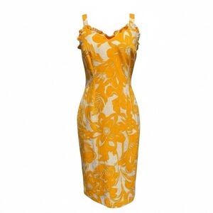 Trina Turk Zile Ruffle Floral Sheath Midi Dress Size 6 Yellow White Resort